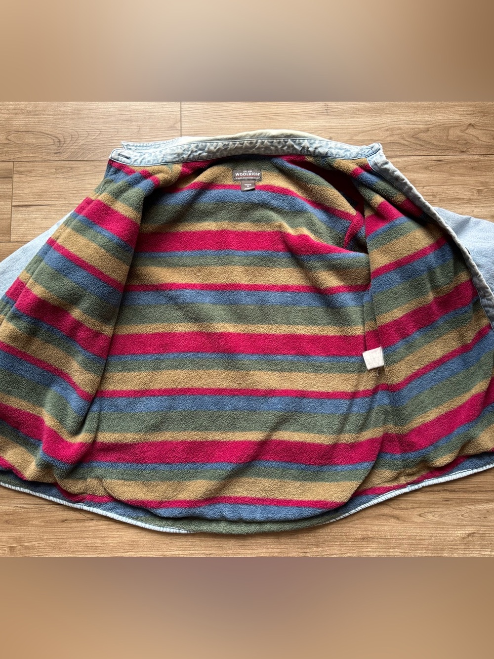 WOOLRICH vintage denim shirt jacket multi-colored stripe blanket lining size Med - Picture 3 of 14